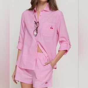 #90293 🛑S,M,L Trendy Cherries Pink Striped 2pc Set w/ Cherry Embroidery